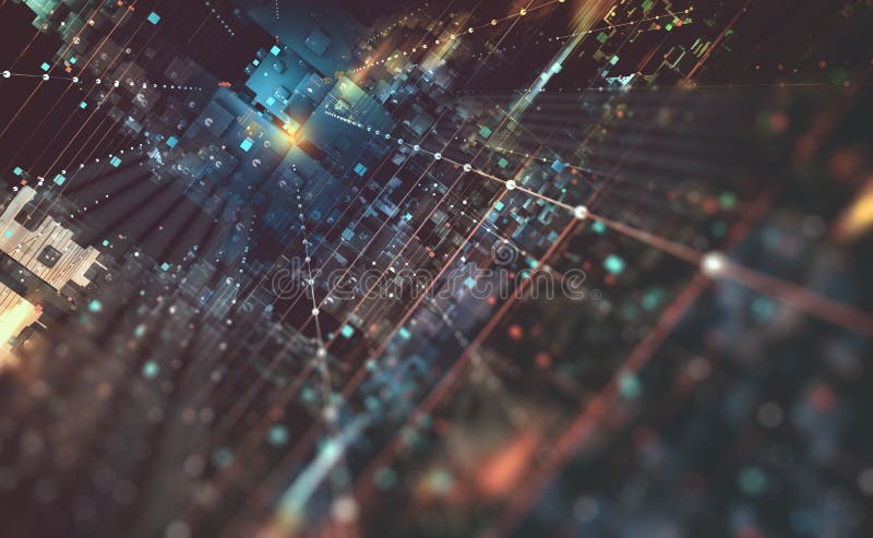 Αφηρημένη τρισδιάστατη απεικόνιση υποβάθρου τεχνολογίας Κβαντική αρχιτεκτονική υπολογιστών Φανταστική πόλη νύχτας Φουτουριστικές